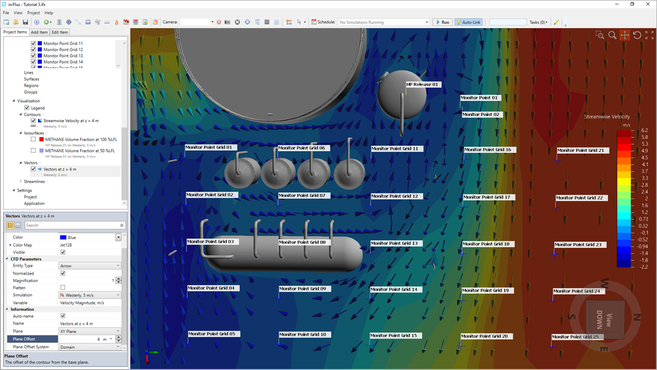  Streamwise Velocity contour and vector field verifying some of the monitor point data obtained.